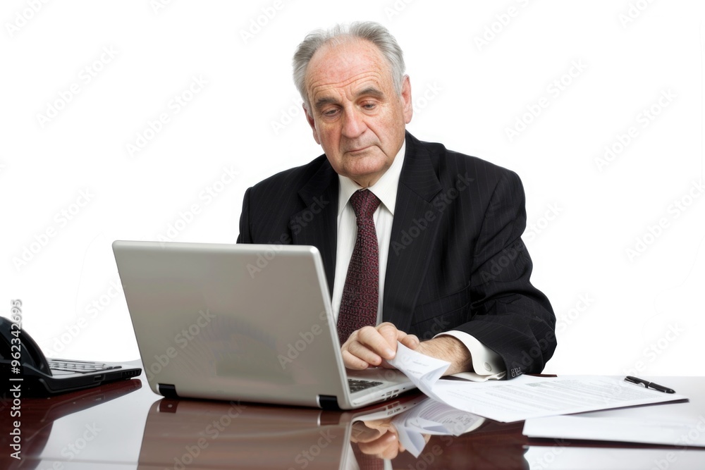Poster man sitting at a desk with a laptop, possibly working or studying