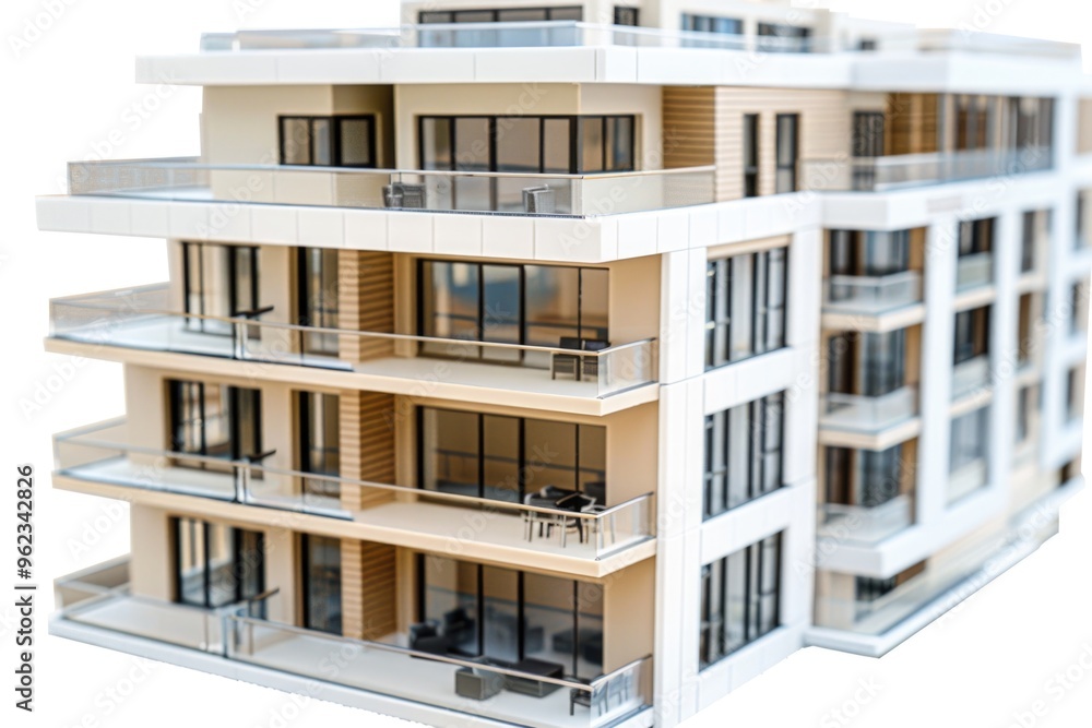 Poster a model of a building with multiple balconies and exterior details