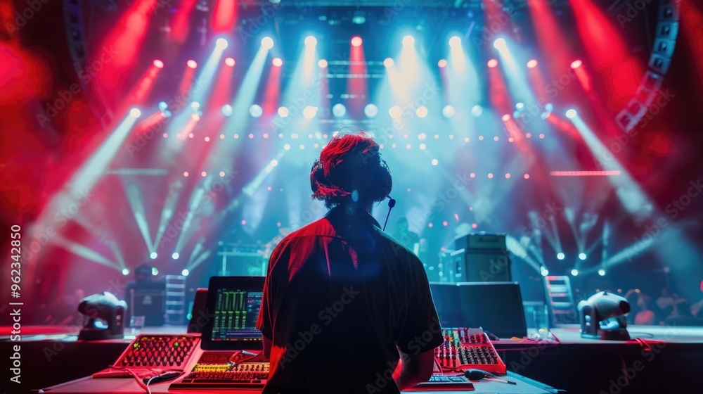 Poster a person standing in front of a stage lit by bright lights, suitable for event or performance photog