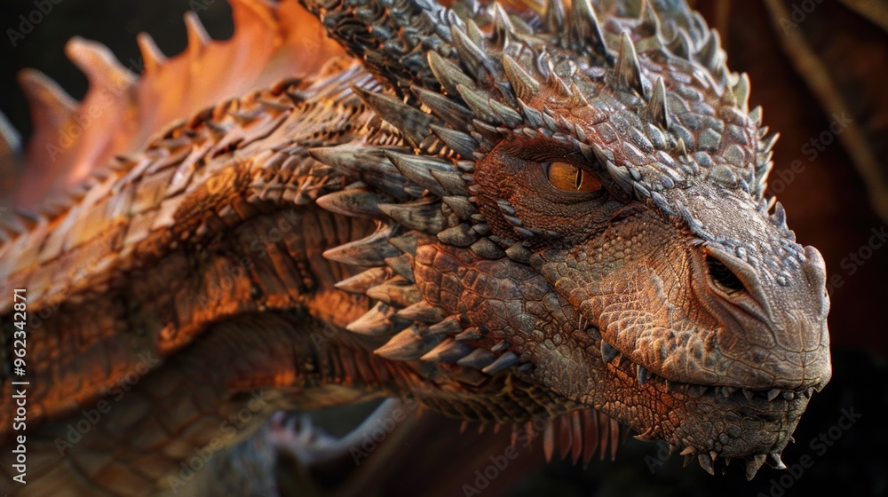 Poster a detailed view of a dragon's head with sharp spikes, ideal for fantasy or mythical scenes