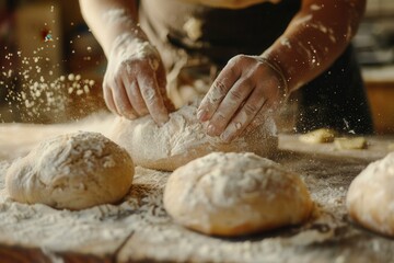 Fototapeta premium Flour-dusted surface with sourdough being prepared by a baker, closeup shot. 