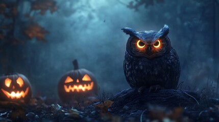 Owl halloween images: foggy and night pumpkin