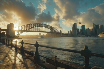 Fototapeta premium Lakefront cityscape with a bridge and city buildings in the background