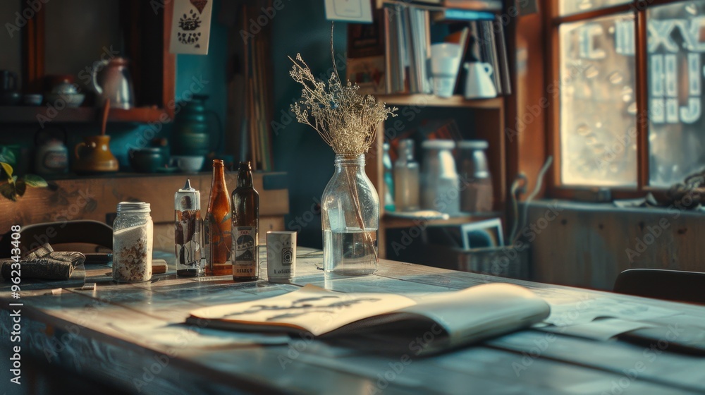 Aufkleber A simple wooden table topped with empty wine bottles and an open book, ideal for use as a still life image or in a rustic interior setting
