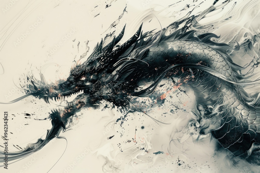 Poster a classic illustration of a mythical dragon in monochrome tones, ideal for editorial or design use