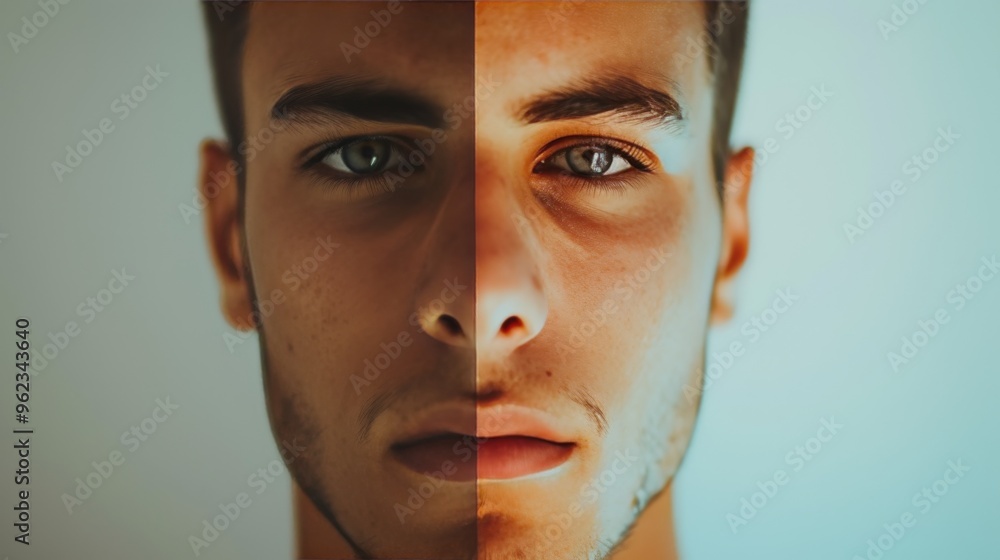 Poster portrait of a young man with his face split into two distinct skin tones, emphasizing contrast and d