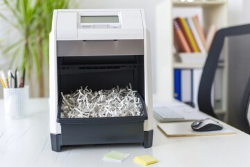 A pile of papers sits next to a computer on a desk, providing a convenient workspace for productivity