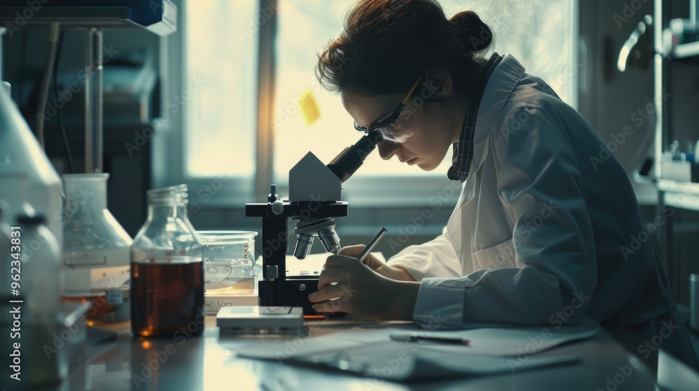 Poster a woman in a lab coat looks at a sample through a microscope, suitable for use in educational or sci