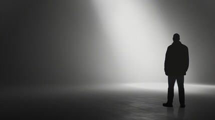 Obraz premium A man stands alone, illuminated by a spotlight in an otherwise dark and empty space. The stark contrast between light and shadow highlights themes of solitude, contemplation, and the weight of