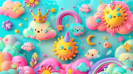Obraz premium A bright and cheerful sky with clouds, sun, and stars