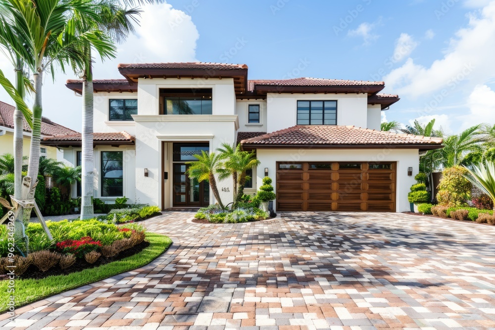 Poster a suburban house with a driveway and palm trees in the front yard