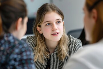 Two women in a business setting discussing and collaborating