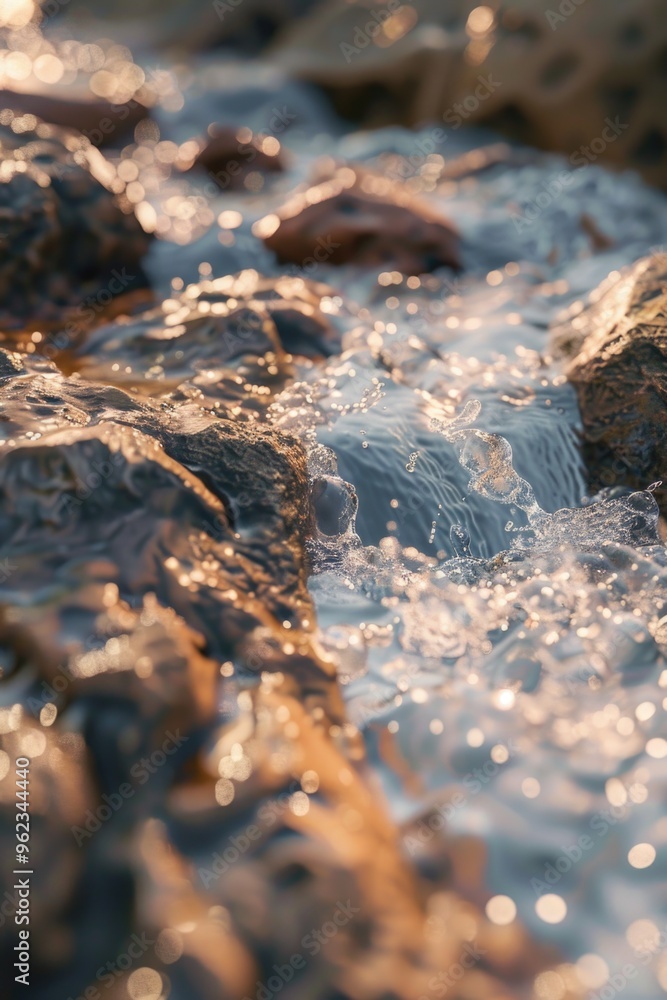 Poster a close-up shot of a stream of water with rocks in the background, great for outdoor and nature-them