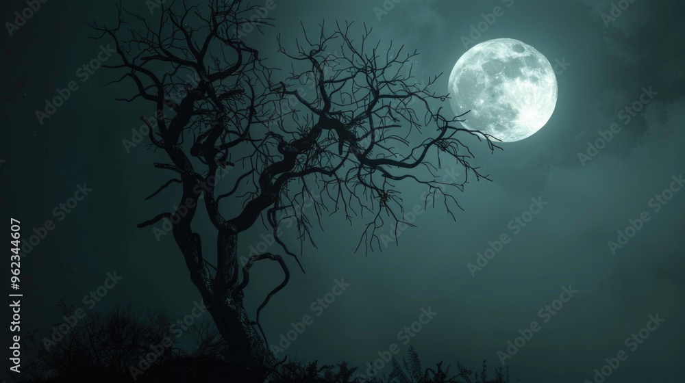 Poster a picture of a full moon shining brightly in the night sky with a bare tree silhouette in front