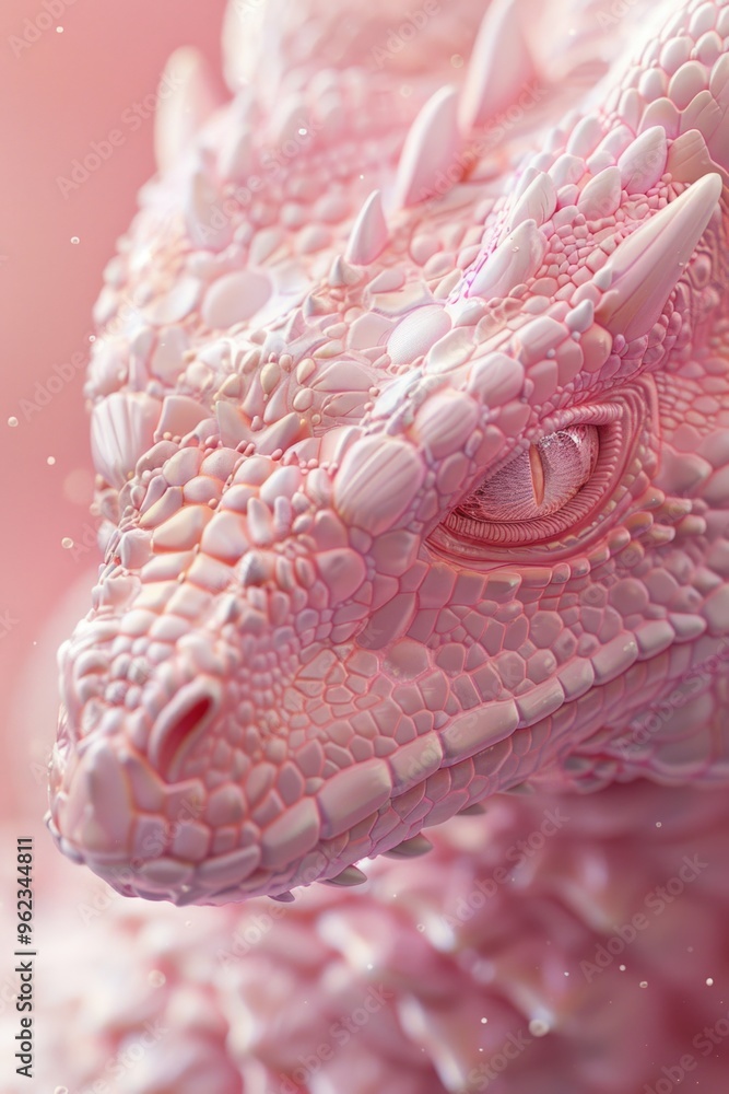 Poster a close-up view of a pink dragon statue with intricate details and texture