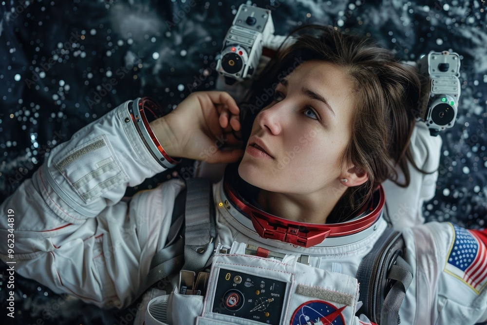 Poster Astronaut holding multiple mobile devices, exploring space