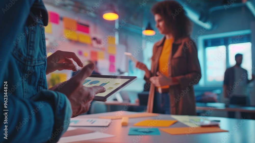 Poster a person holds a tablet in front of a desk