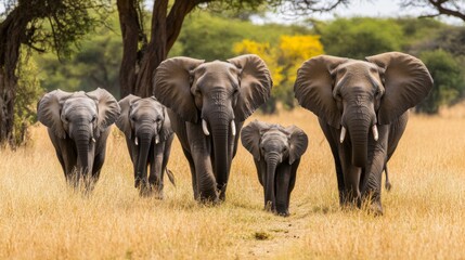 Family of Elephants Walking Through Grassland
