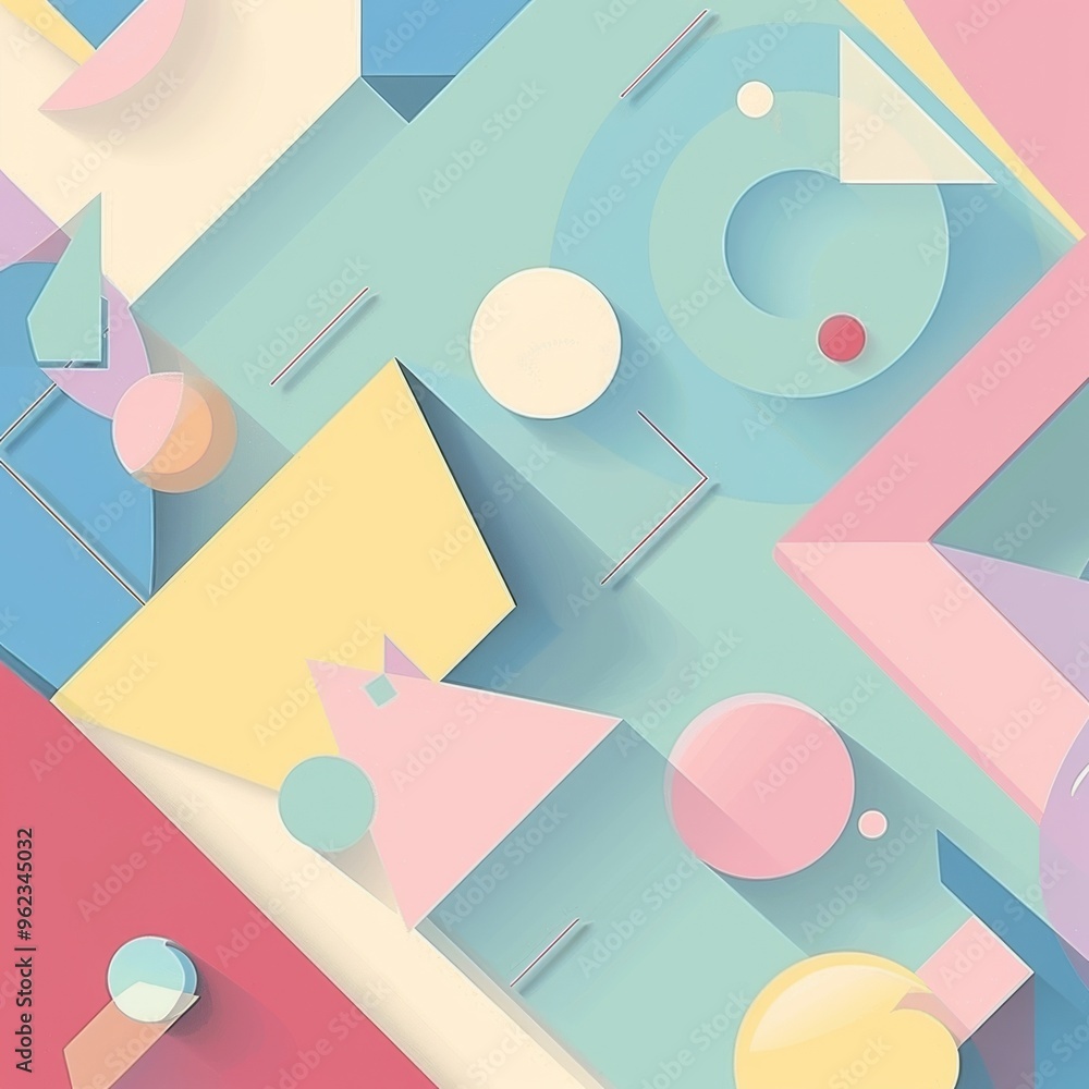 Poster a vibrant and playful abstract design featuring an array of pastel geometric shapes and soft colors.