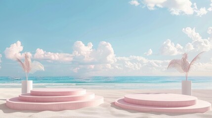 Obraz premium Podiums on sandy beach with decoration and space for design, set against ocean and sky backdrop. Suitable for promoting summer vacations.