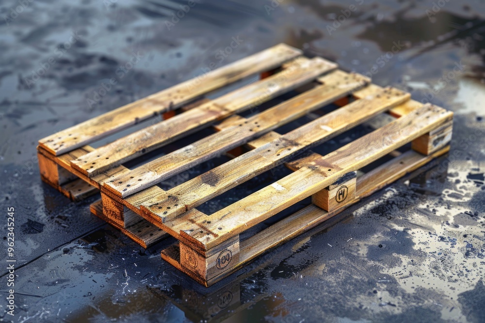 Poster a close-up view of a wooden pallet on the ground, ideal for use in rustic or outdoor themed projects