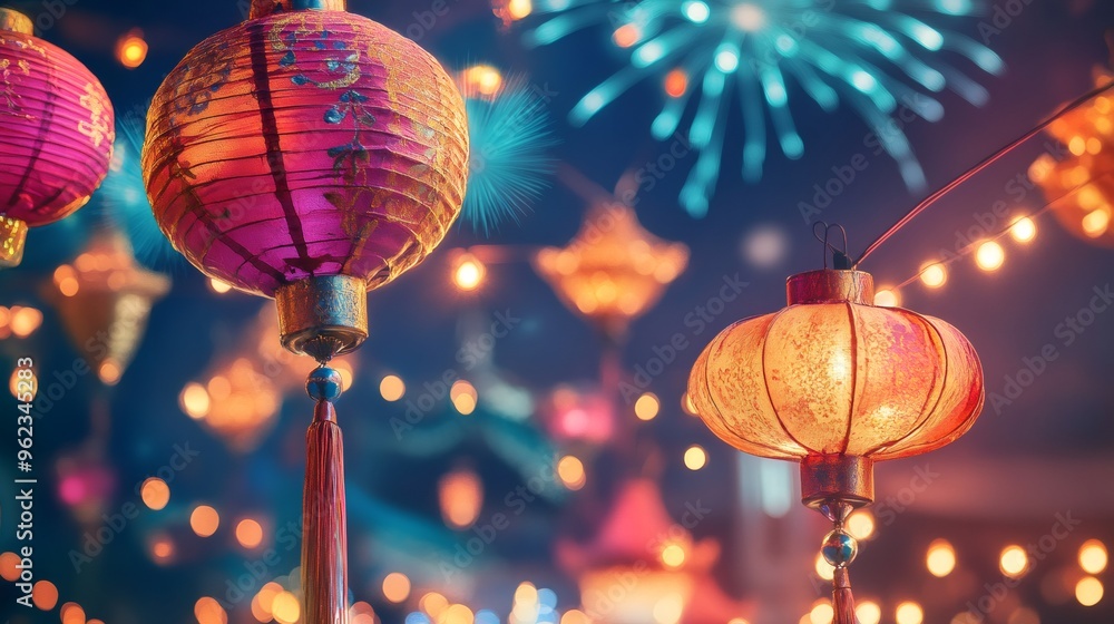 Poster a close-up of two red chinese lanterns lit up at night, with a blurry background of fireworks and st