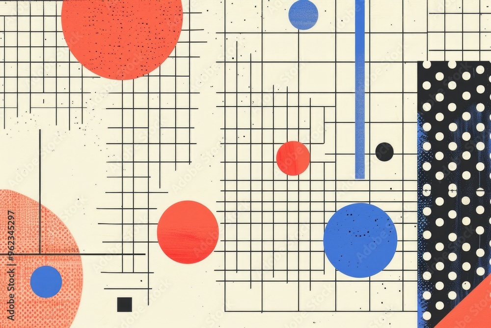 Poster abstract painting featuring geometric shapes and lines, suitable for art-related uses