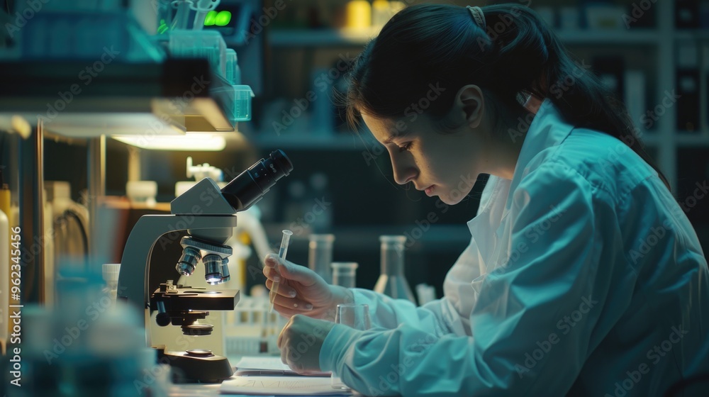 Poster a woman in a lab coat looks at a sample under a microscope, possibly studying or researching somethi