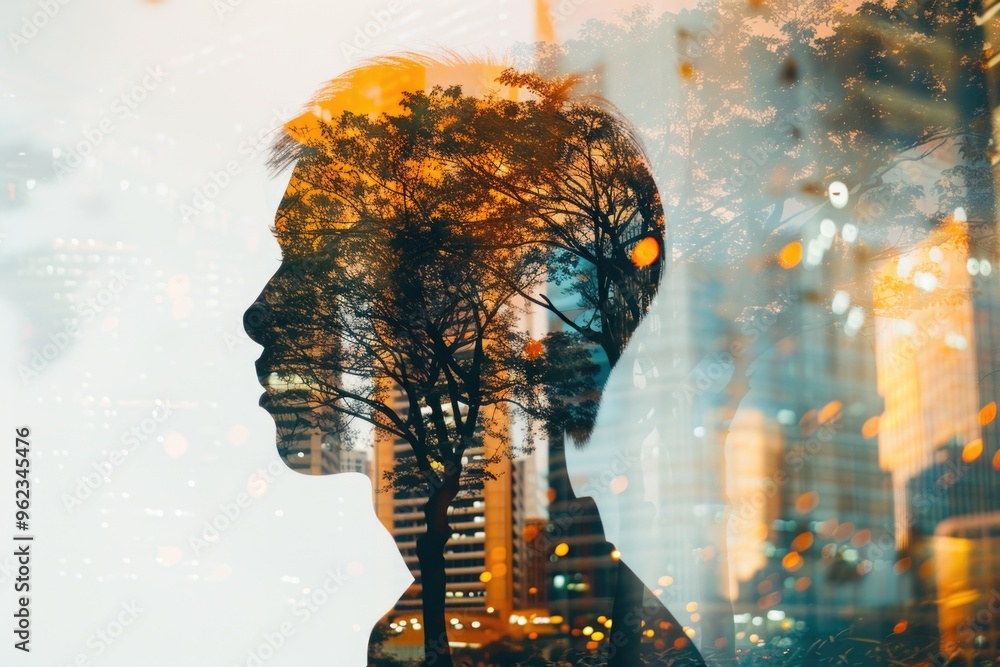 Poster A person's face with trees blurred in the background, ideal for use in environmental or nature-related contexts