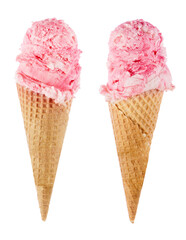 Strawberry ice cream scoops with cone isolated on white background