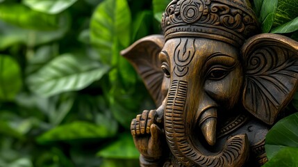Fototapeta premium Carved Wooden Ganesh Statue with Green Foliage Background