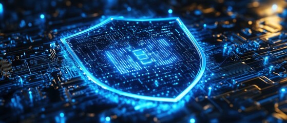 Digital Shield Over Blue Circuit Board