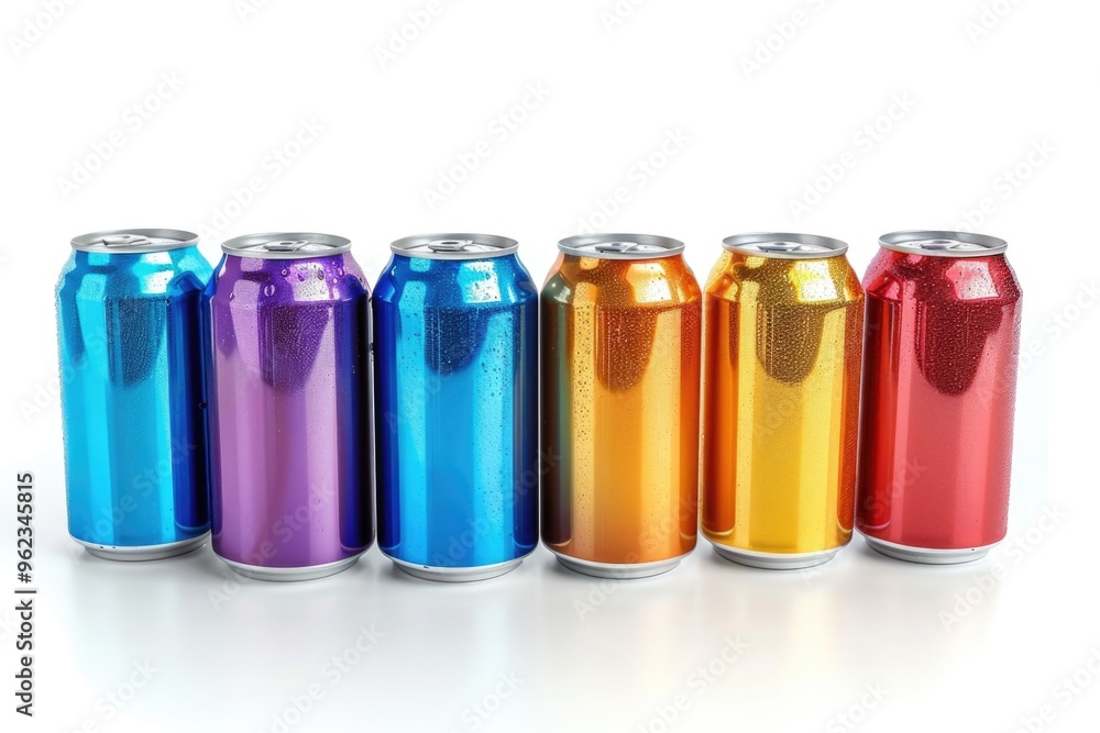 Poster a row of empty soda cans on a white surface