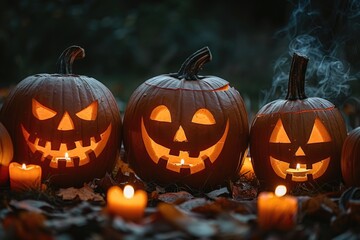 Fototapeta premium A set of decorated pumpkins with candles inside, perfect for Halloween decorations or autumnal themes