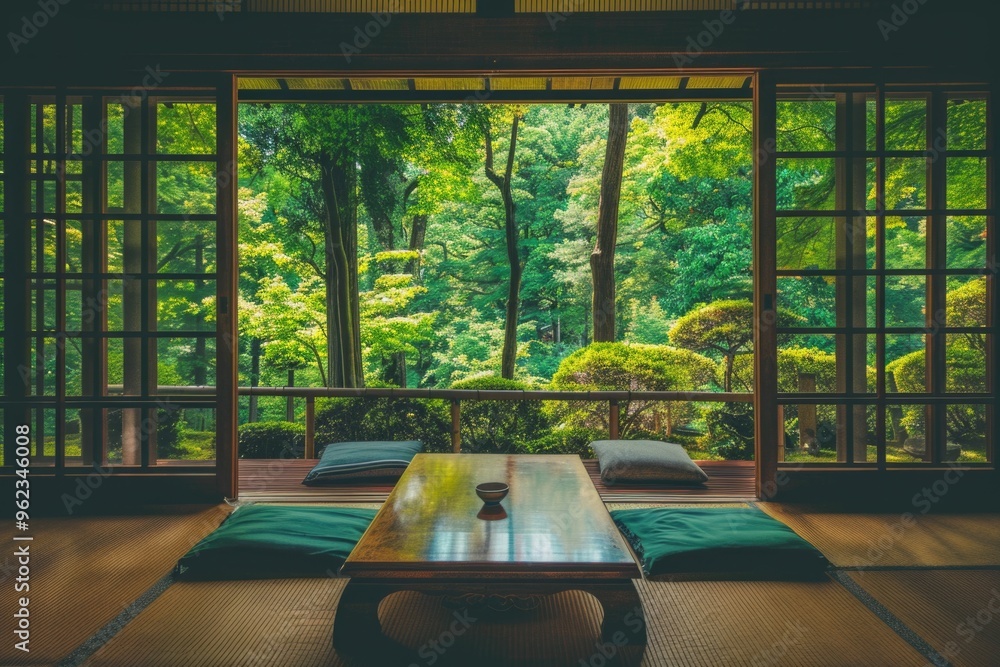 Poster a modern coffee table placed in front of a window with natural light