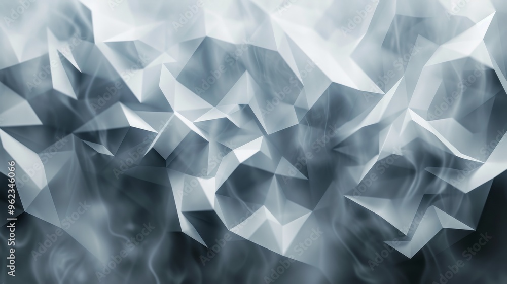 Poster abstract low-poly geometric design with soft lighting and smoky overlays. the cool tones and foggy e