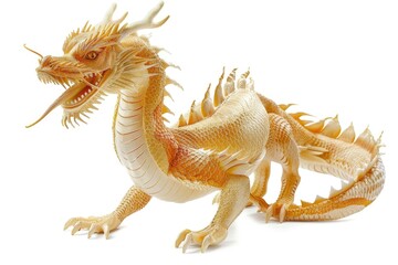 Fototapeta premium A golden dragon statue standing on a white background, ready for display or decoration
