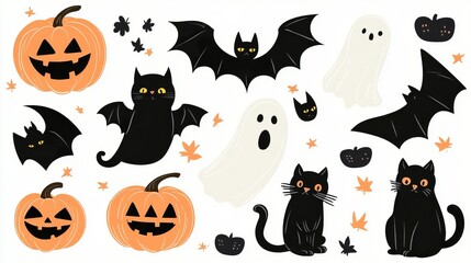 Playful Halloween Clip Art Collection Featuring Pumpkins Bats Ghosts and Black Cats