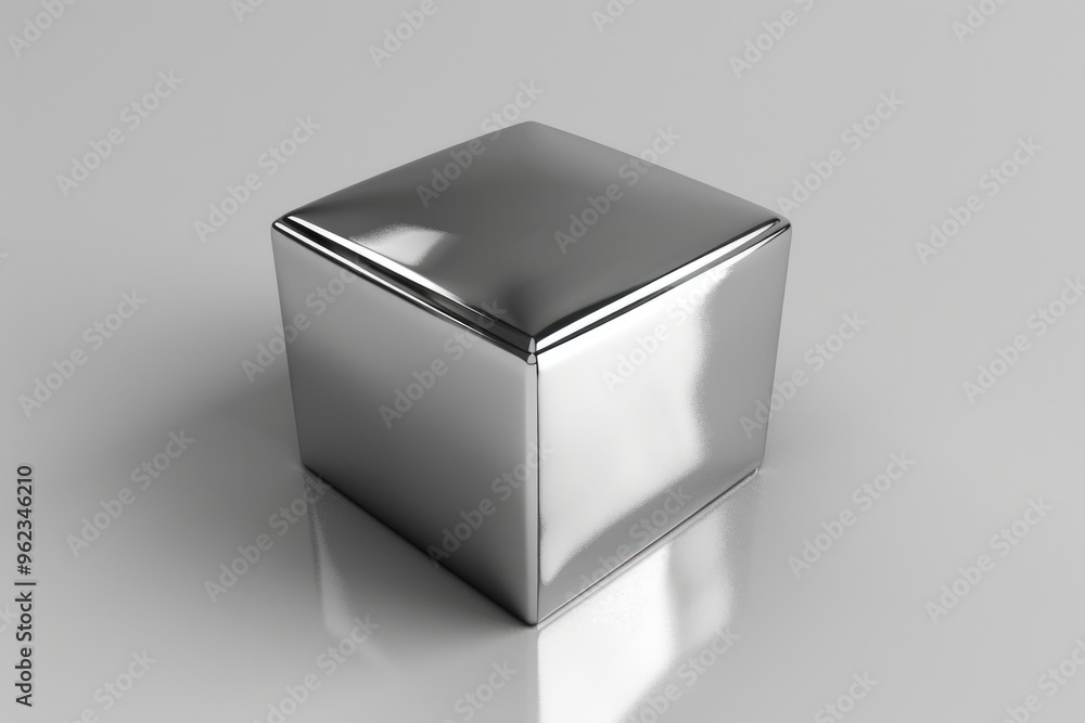 Poster a single shiny silver cube sits on a white surface, waiting for use