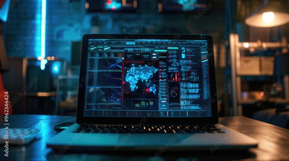 Poster a laptop computer placed on top of a wooden table, ready for use
