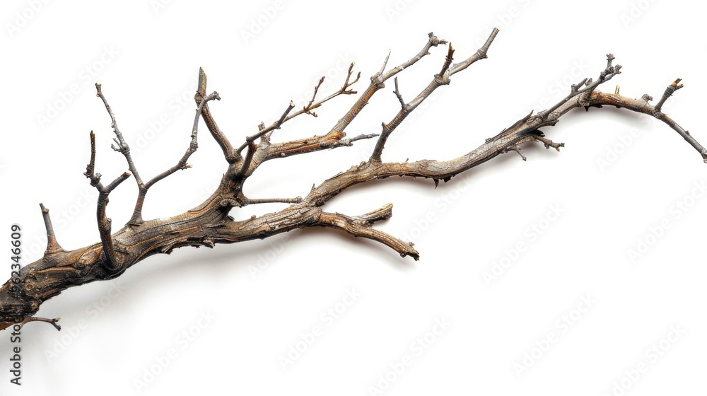 Poster a single dead tree branch lying on a white surface