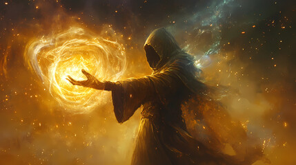 Mystical sorcerer summoning elemental magic. Sorcerer. Illustration