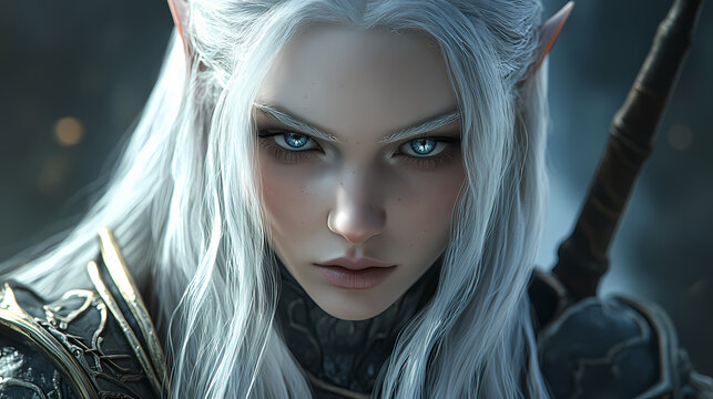 Portrait of a fantasy dark elf female warrior with white long hair. 3d rendering . fantasy illustration. Elf. Illustration