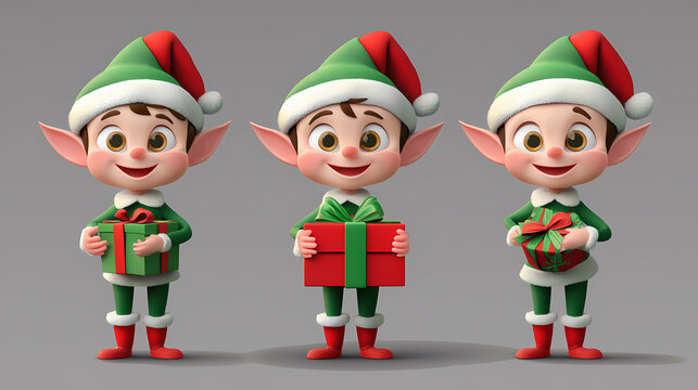 Set of christmas elf 3d character isolated on transparent background. smiling elf. happy elf with gift box. Elf. Illustration