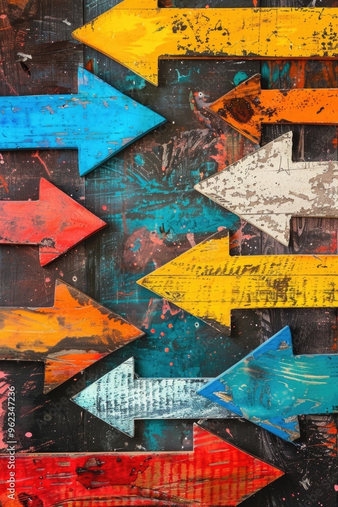 Poster A set of vibrant wooden arrows pointing in various directions, perfect for use as a design element or visual aid