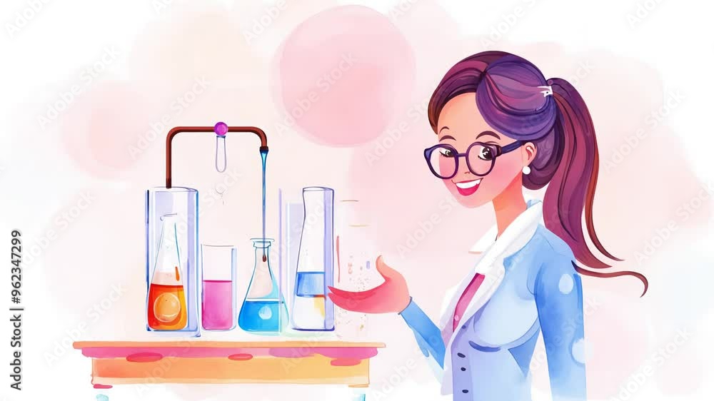 Poster a cheerful scientist explains the steps of a water experiment while engaging with the audience in a 