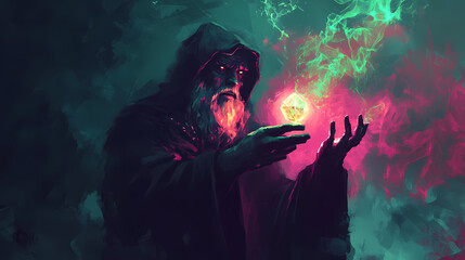 The angry sorcerer of evil spirits holds a magic gem cast a spell, digital art style, illustration painting. Sorcerer. Illustration