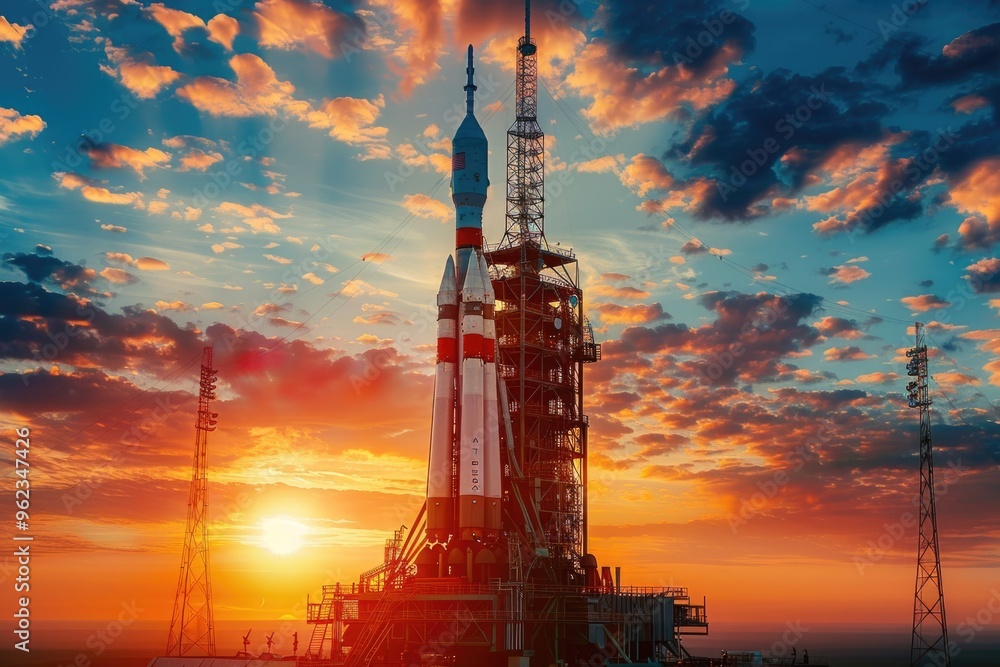 Poster a large rocket sits atop a building