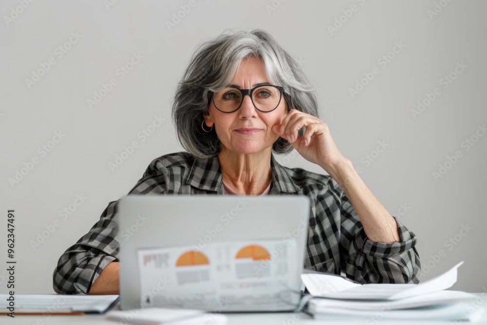 Poster a person sitting at a desk with a laptop computer, focused on work