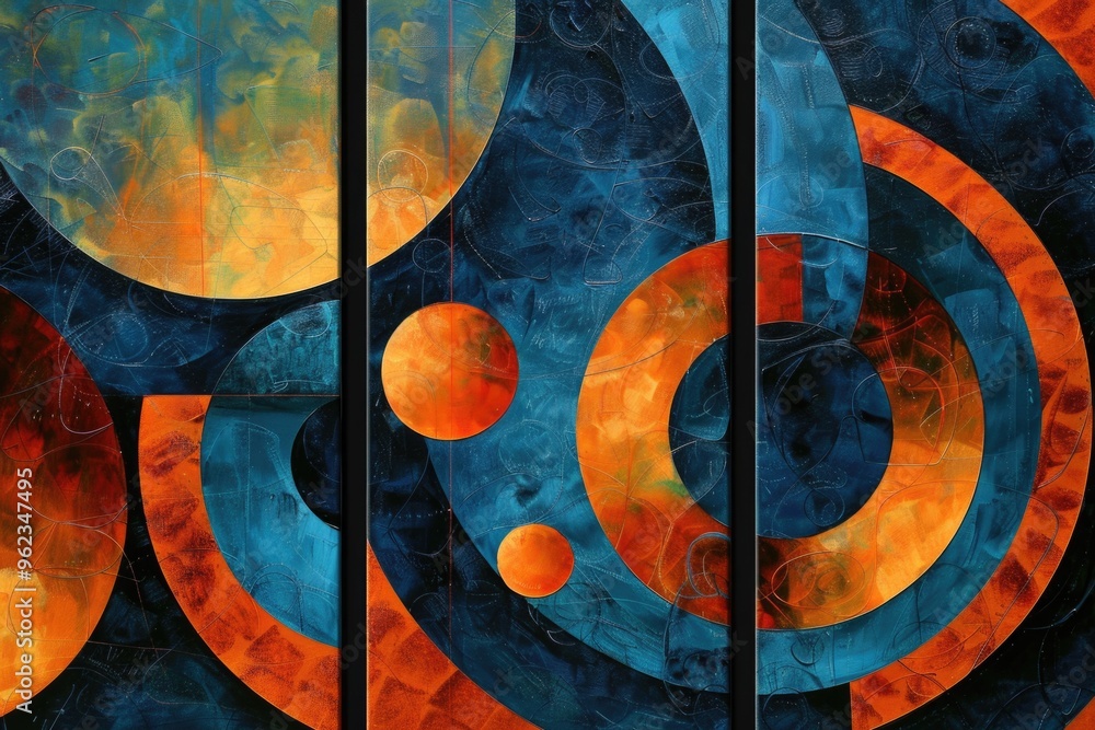 Poster Simple design featuring orange and blue circles on a black background, suitable for use in abstract art or design projects